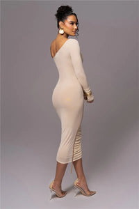 Diagonal Collar Long Sleeve Midi Dress