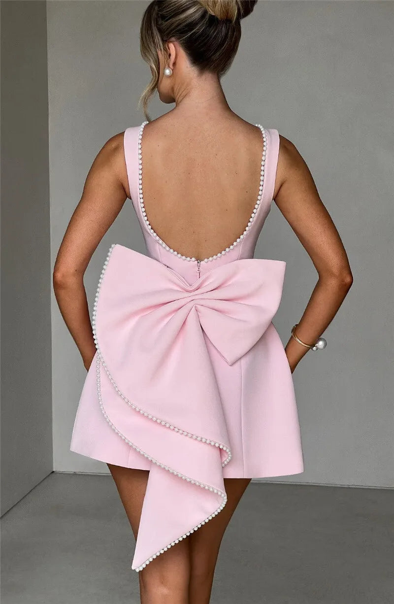 Pearl Bow Backless Sexy Mini Dress