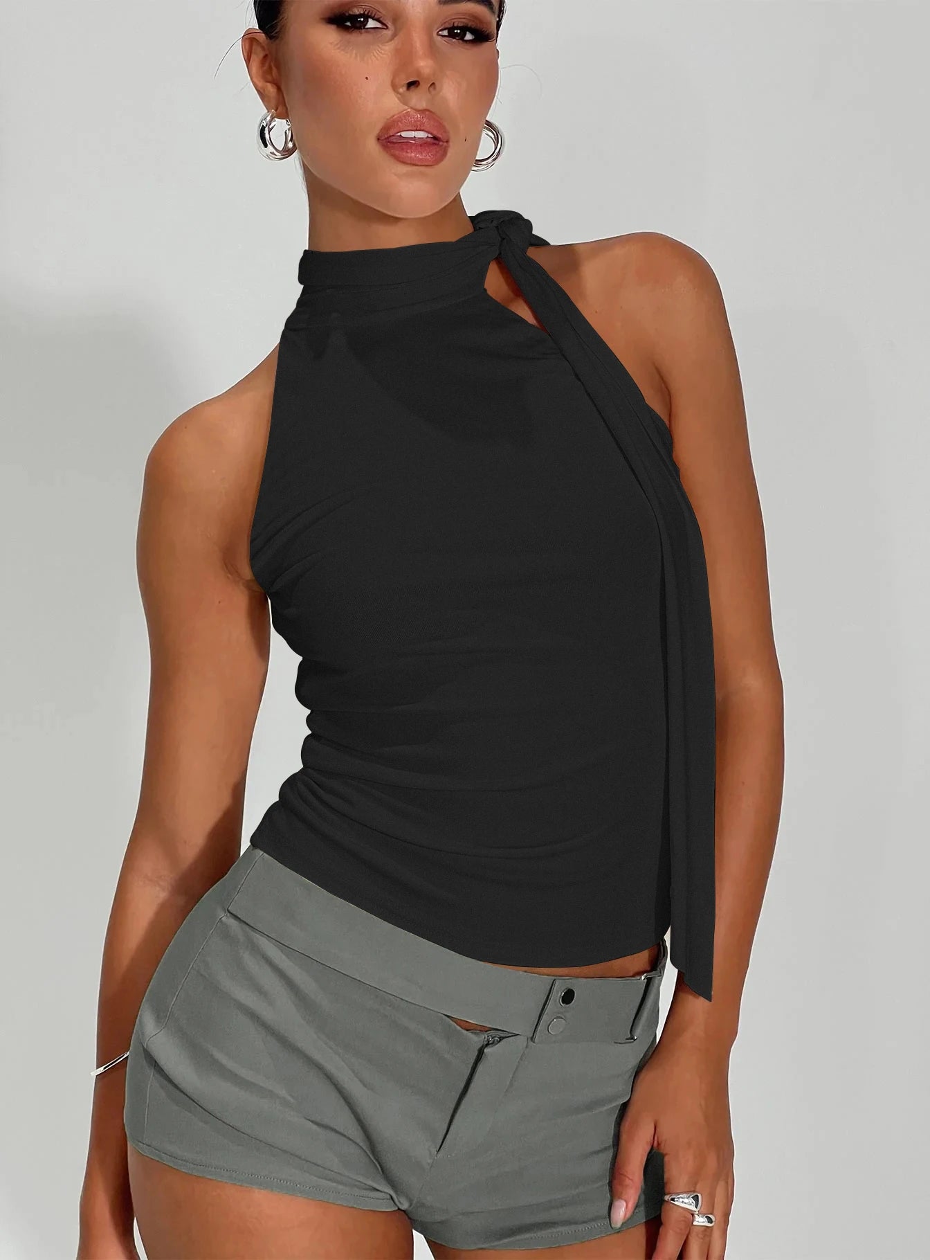 Sleeveless High Neck Tie Top