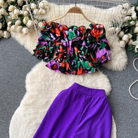 Ruffles Floral Print Elastic Waist Wide Leg Long Pants+Top Set