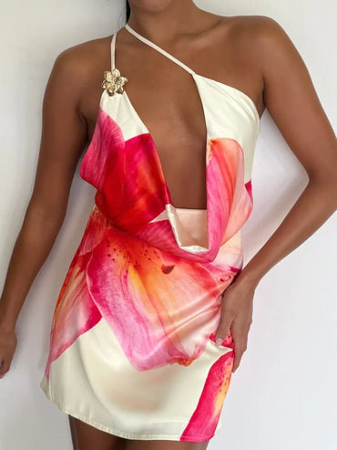 One Shoulder Backless Print Sexy Mini Dress