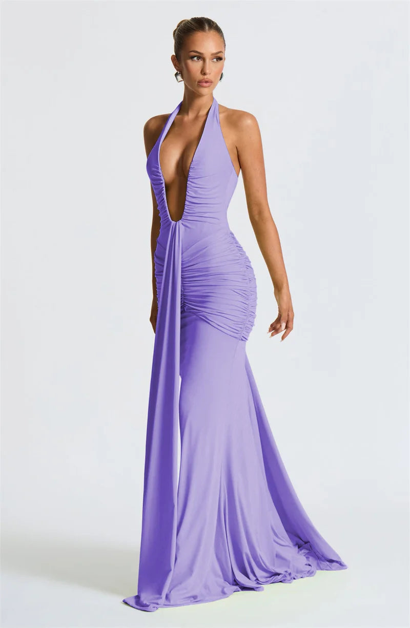 Deep V Neck Draped Ruched Sexy Maxi Dress