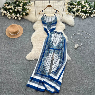 Sexy Print Sleeveless Top+Wide Leg Pants Set