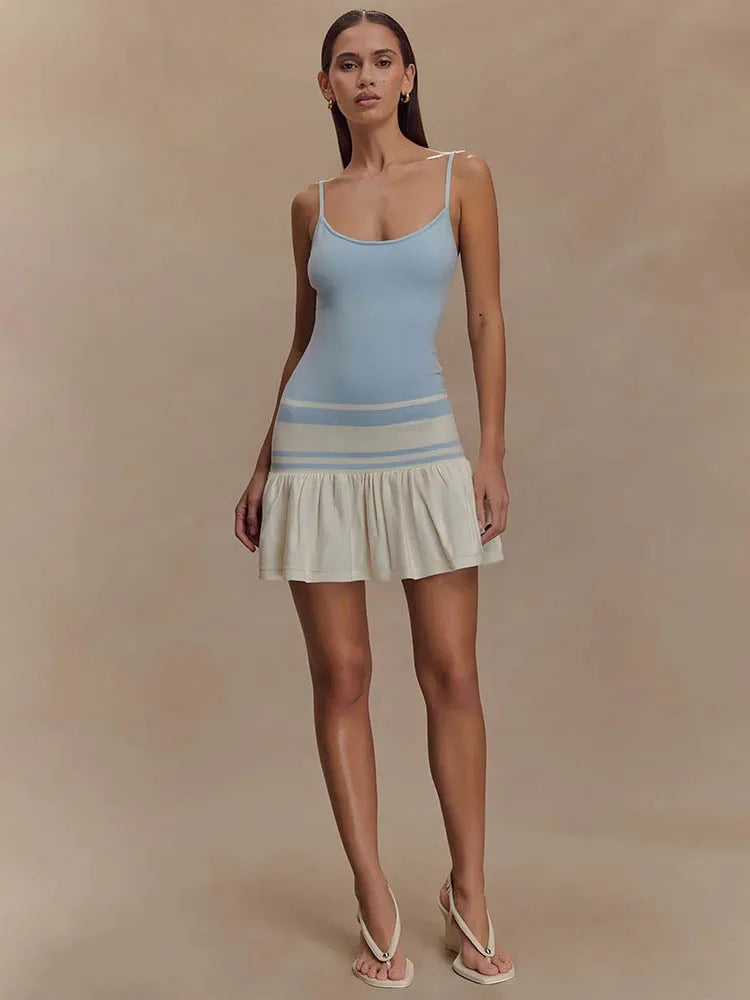 Spaghetti Strap Sleeveless Backless Ruffle Patchwork Mini Dress