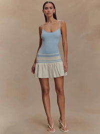 Spaghetti Strap Sleeveless Backless Ruffle Patchwork Mini Dress