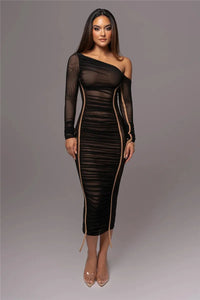 Diagonal Collar Long Sleeve Midi Dress