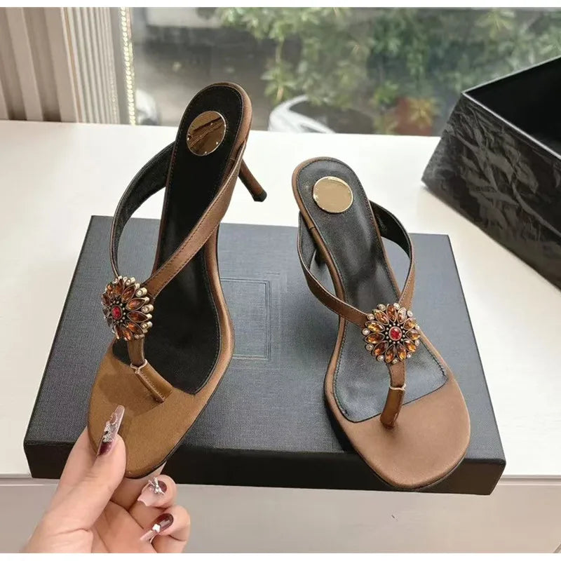 Rhinestone Flower Decor Heeled Slippers