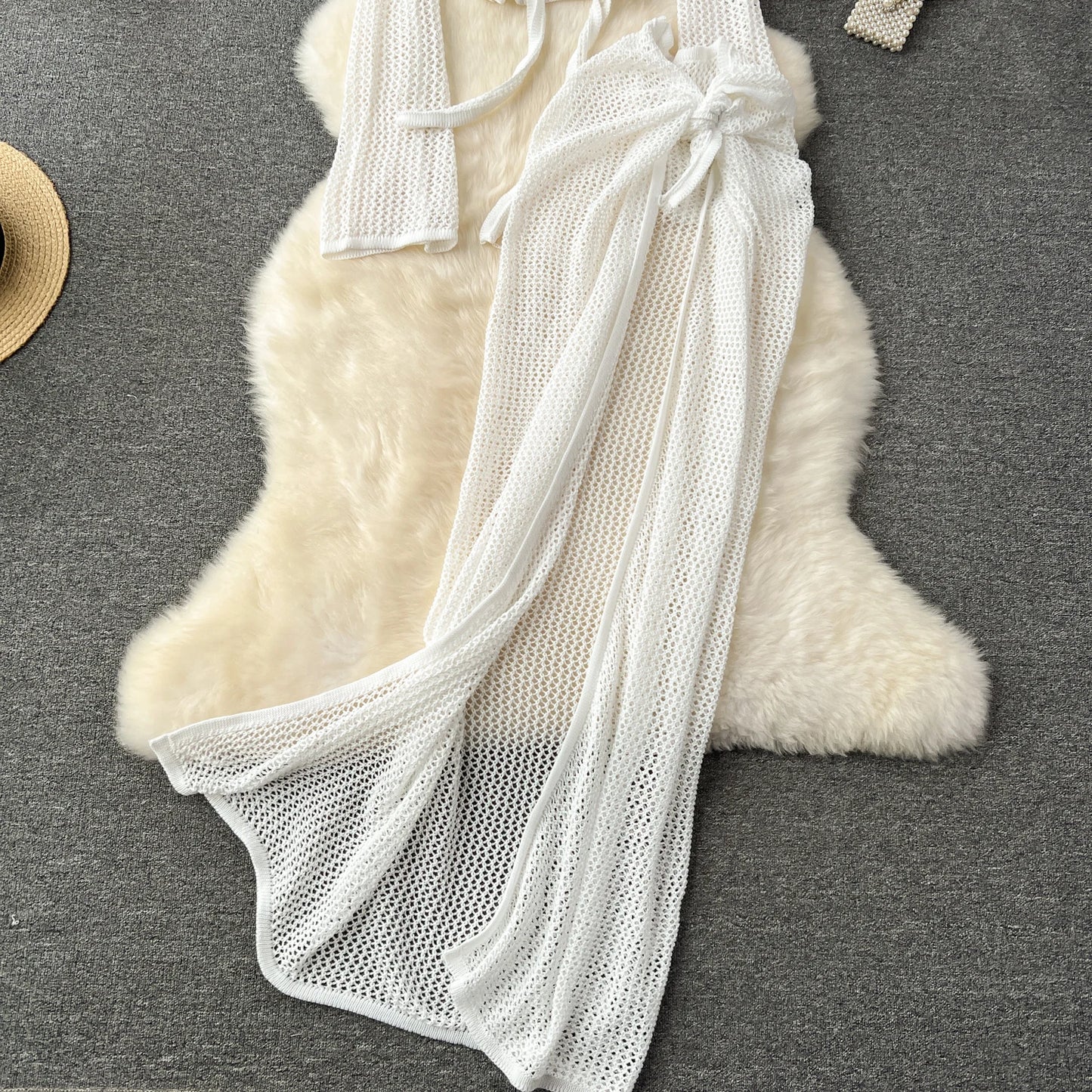 Long Sleeve V Neck Short Top+Adjustable Waist Split Long Skirt Set