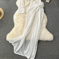 Long Sleeve V Neck Short Top+Adjustable Waist Split Long Skirt Set