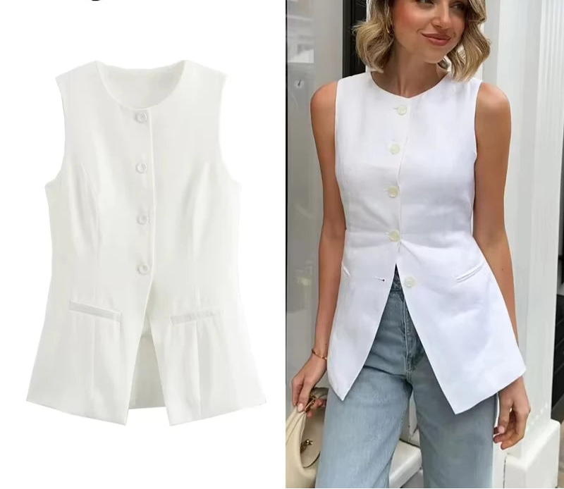 White Sleeveless Button Tailored Vest