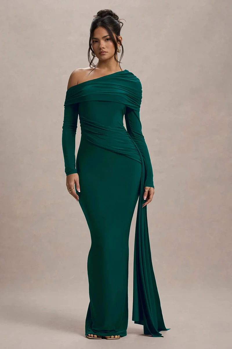Skew Collar Long Sleeve Sexy Maxi Dress