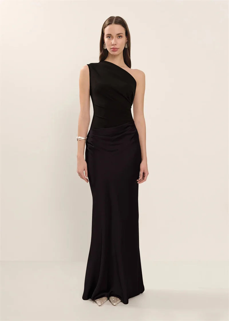 Satin Inclined Shoulder Sexy Maxi Dress