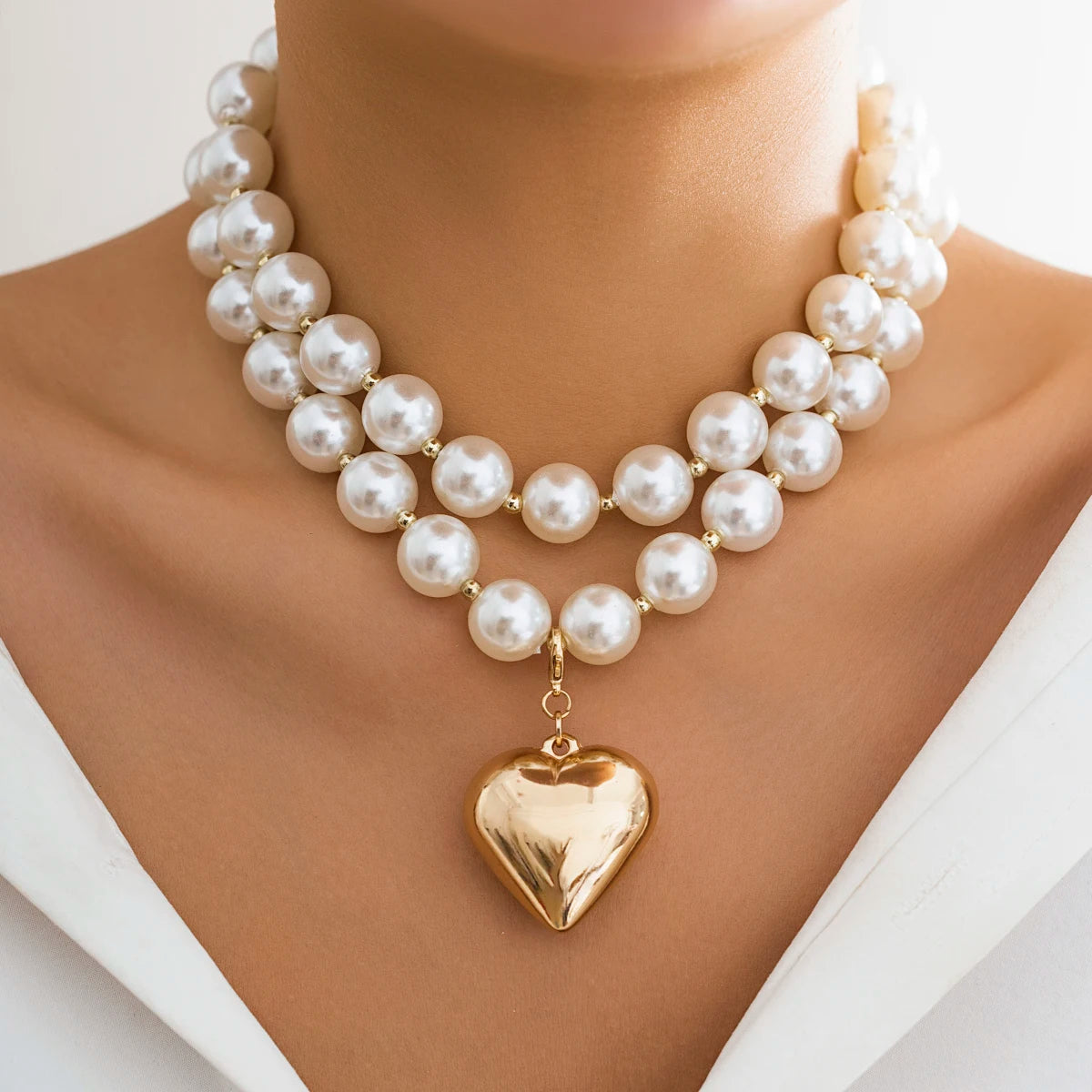 Pearl Beads Chain Necklace With Heart Pendant