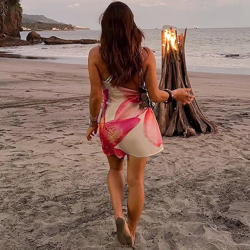 One Shoulder Backless Print Sexy Mini Dress