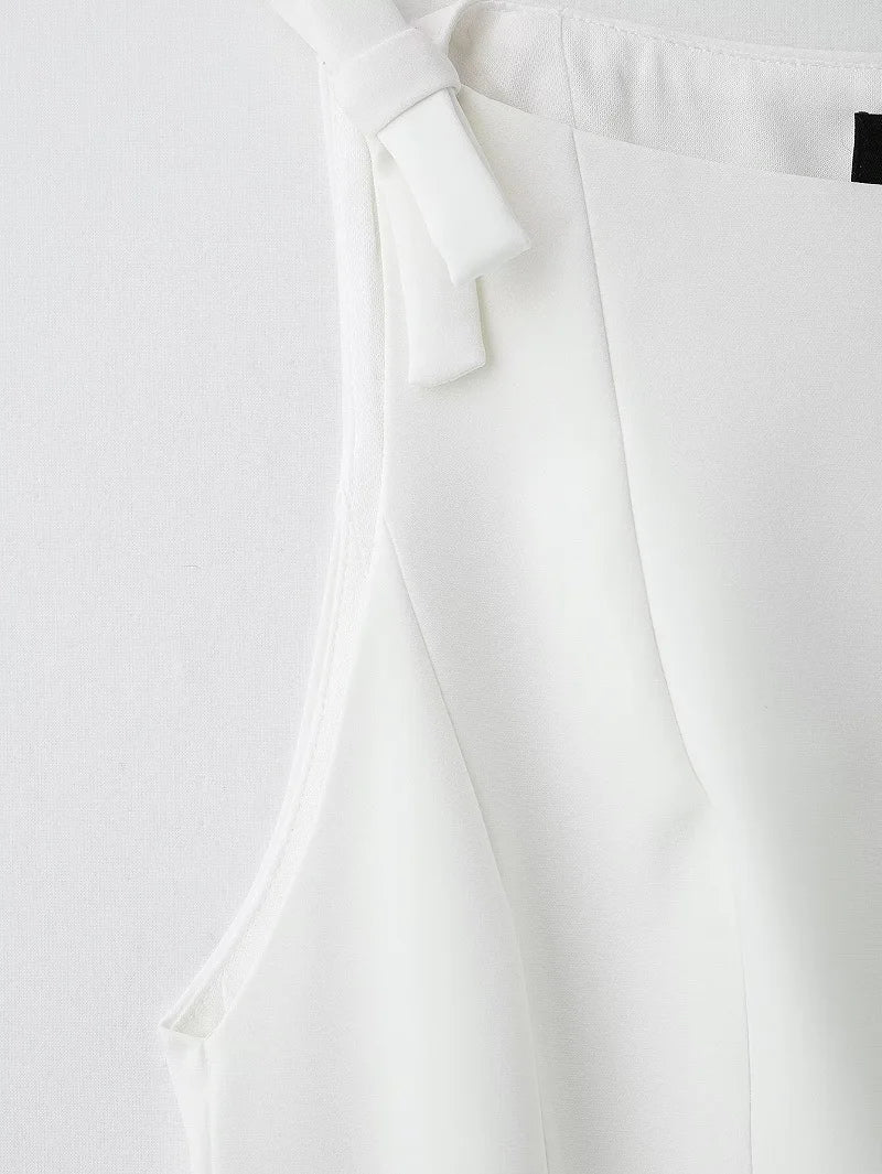 White Bow Sleeveless Casual Pleated Top