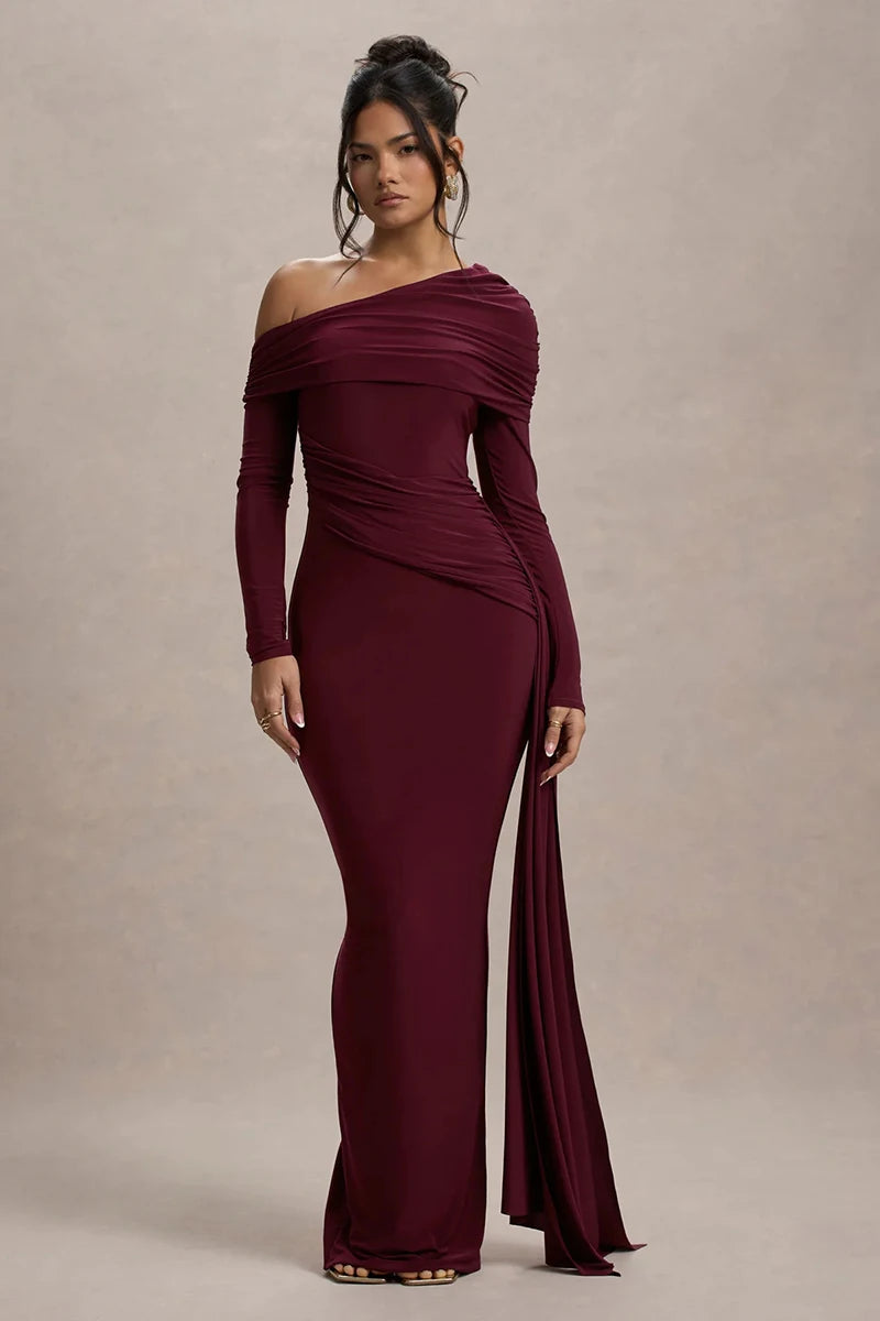 Skew Collar Long Sleeve Sexy Maxi Dress