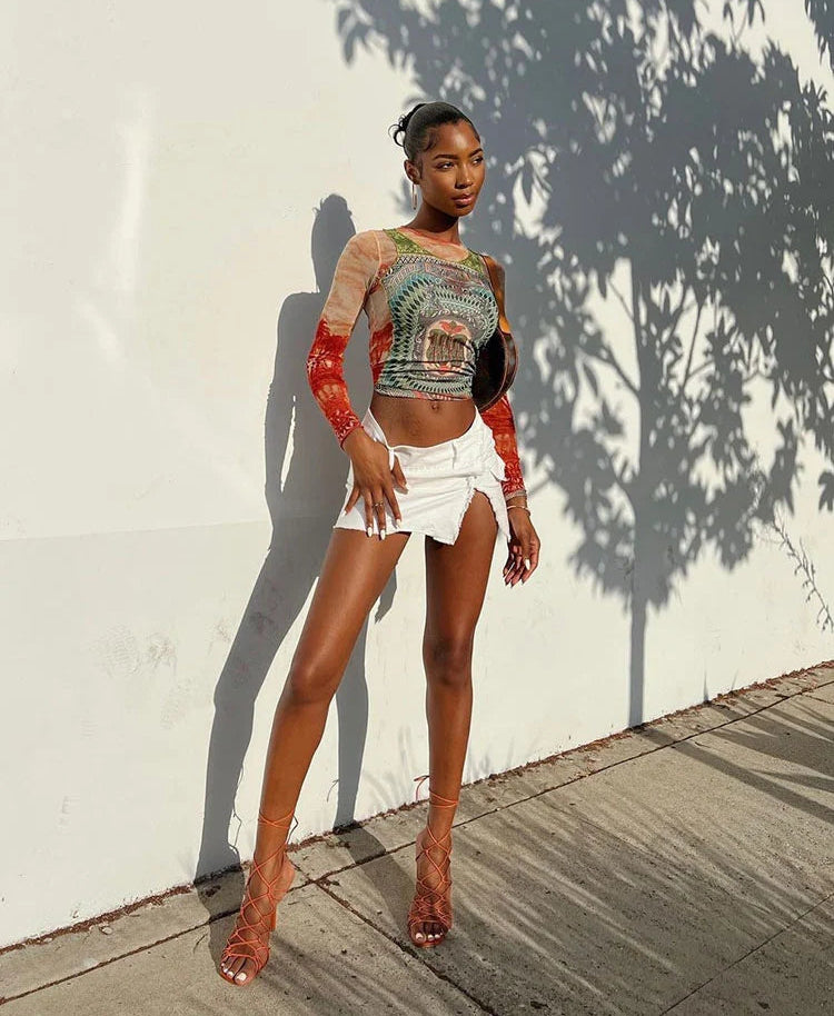 Mesh Dollar Print Classic Aesthetic O-neck Long Sleeve Skinny Top