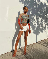 Mesh Dollar Print Classic Aesthetic O-neck Long Sleeve Skinny Top