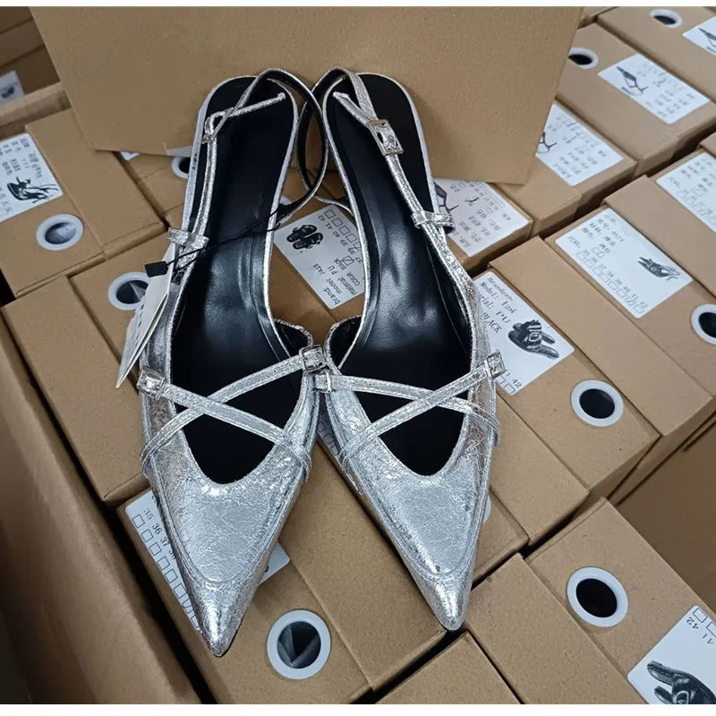 Elegant Pointed toe PU Leather Slingback Thin Heels