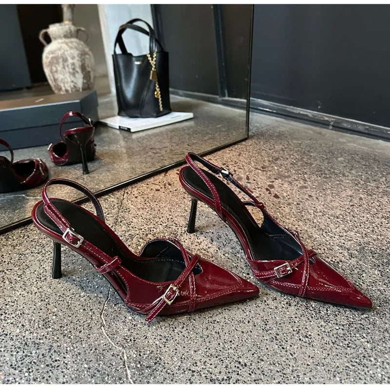 Elegant Pointed toe PU Leather Slingback Thin Heels
