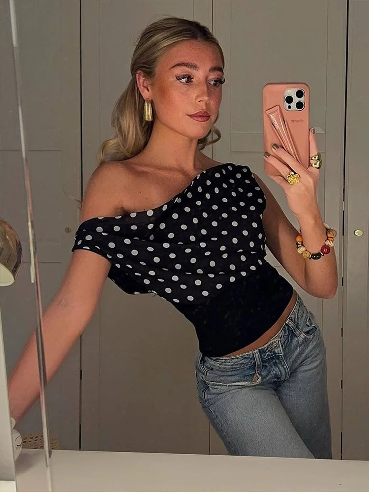 Polka Dots Print Skew Collar Off Shoulder Crop Top