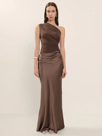 Satin Inclined Shoulder Sexy Maxi Dress