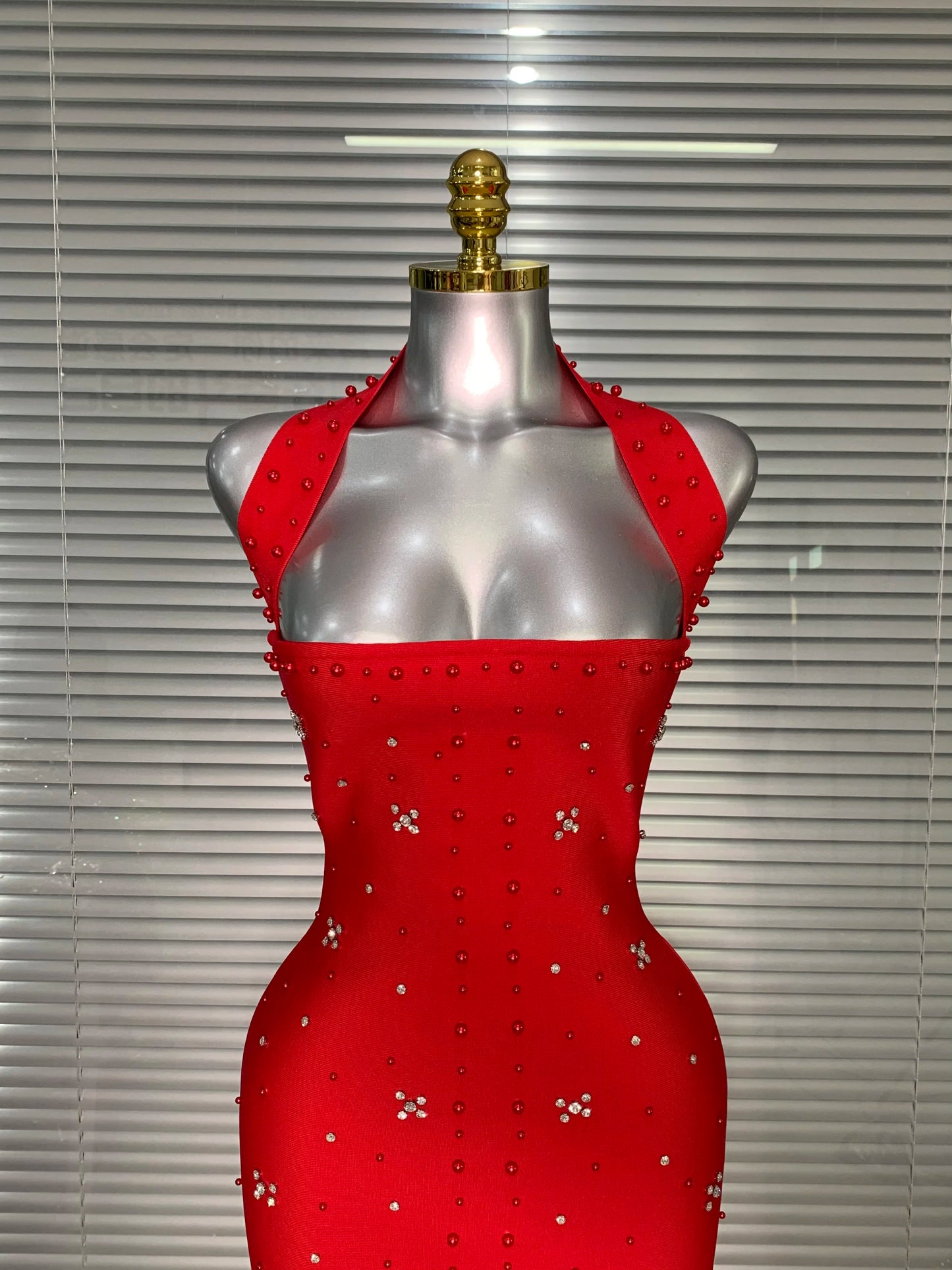 Halter Long Crystal Beaded Bandage Dress