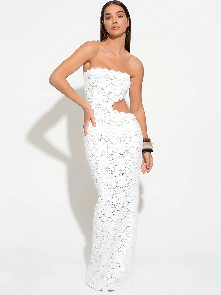 Lace Strapless Hollow Out  Maxi Dress