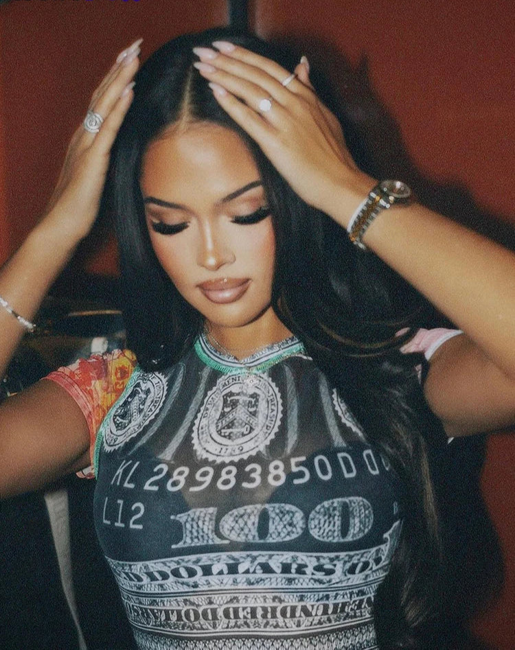 Numeral Print Short Sleeve O-Neck Mesh Crop Top