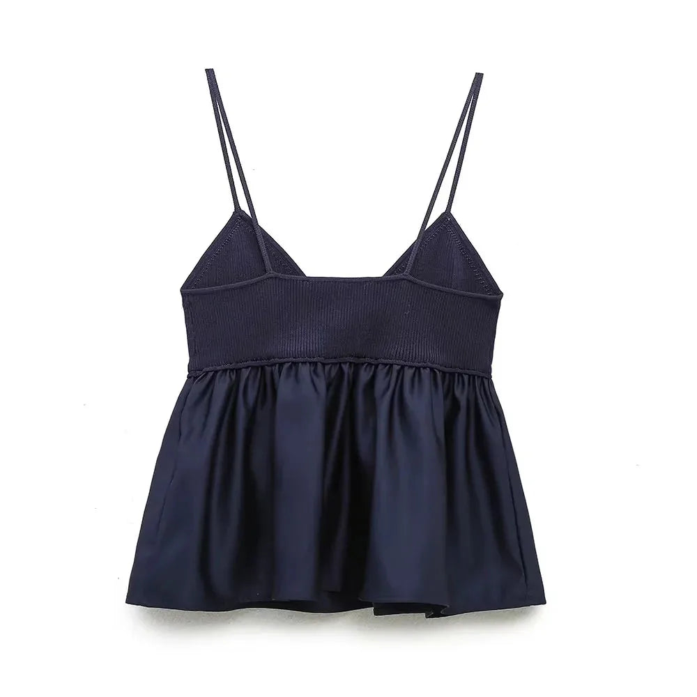 Blue Crop Top Ruffle Knitted Cami Top