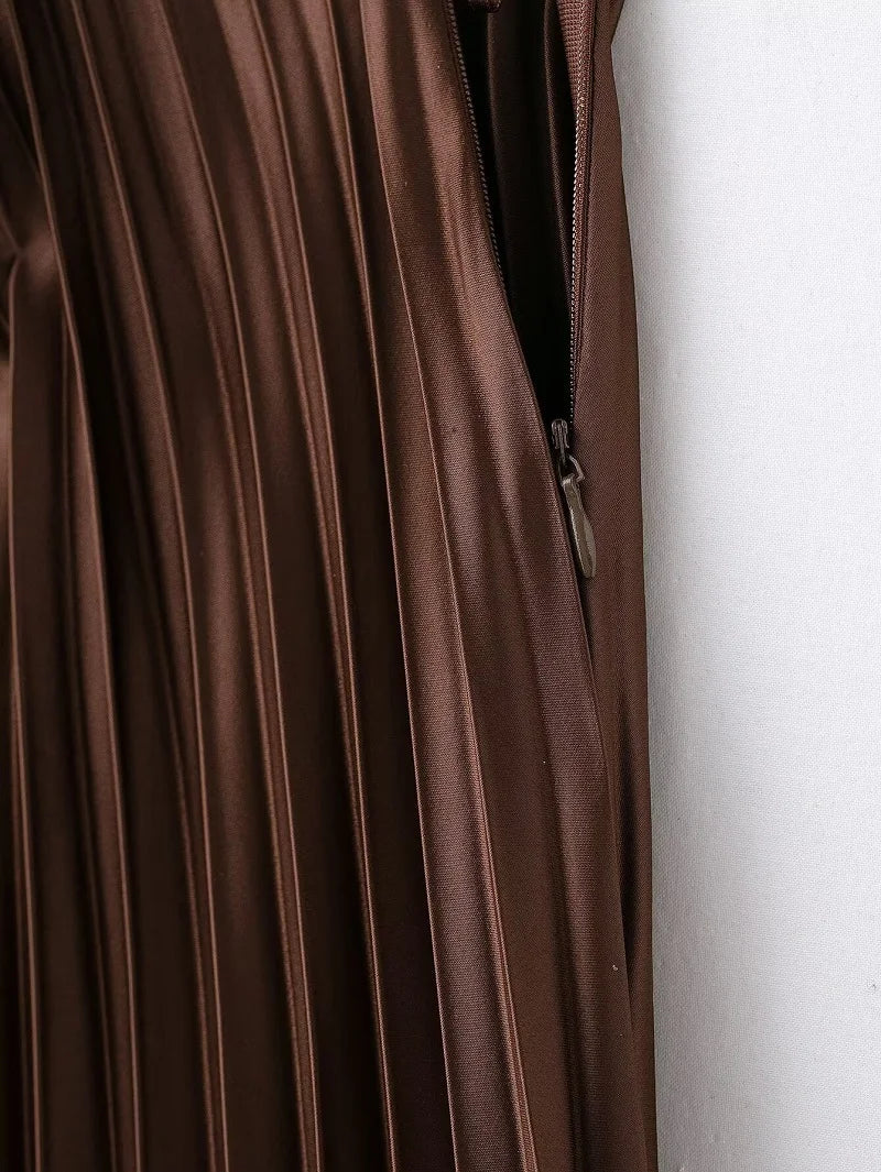 Pleated Long Draped Satin Midi Skirt
