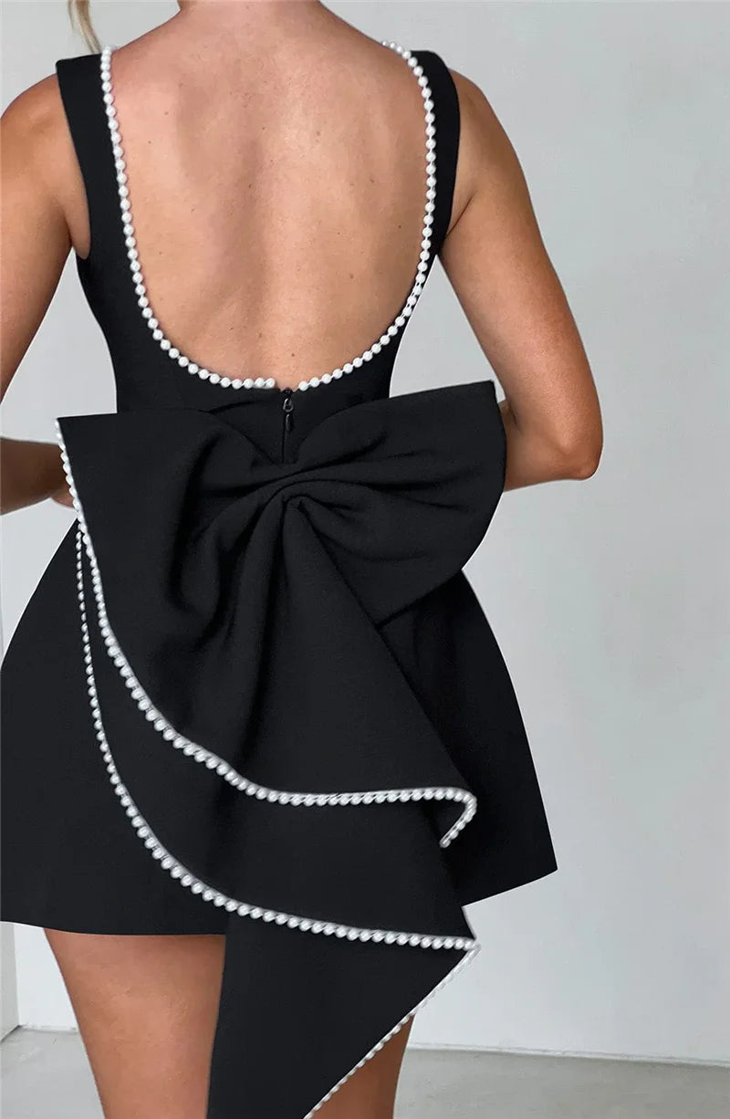 Pearl Bow Backless Sexy Mini Dress