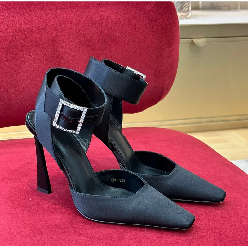 Luxury Satin Rhinestones Square Buckle Pumps