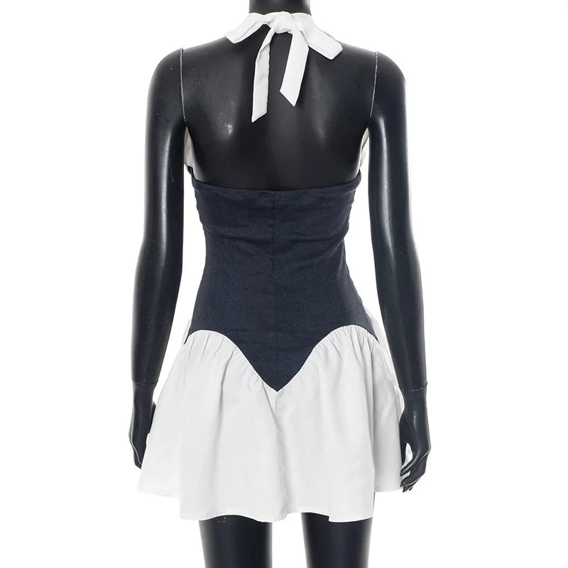 Patchwork Halter Denim Backless Sexy Mini Dress