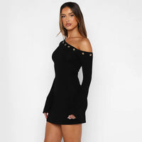 Inclined Shoulder Long Sleeve Sexy Mini Dress