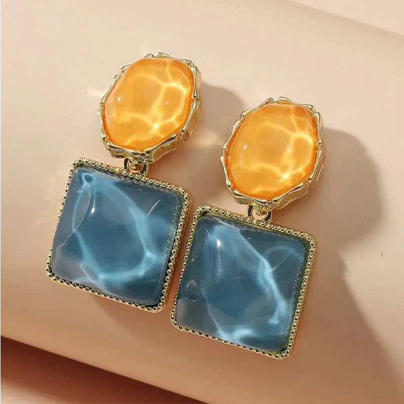 Round Square Crystal Stone Drop Earrings