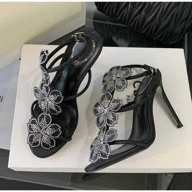 Rhinestones Lace Flowers Decor Heels