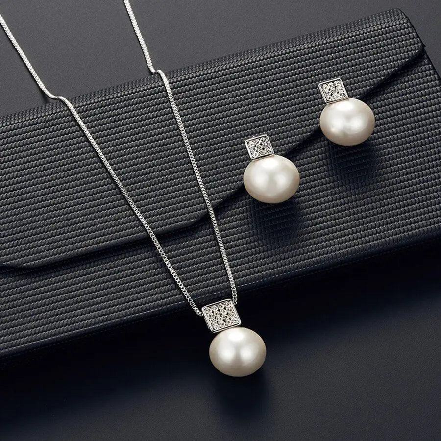 Imitation Pearl Pendant Necklace Earring Stud Set