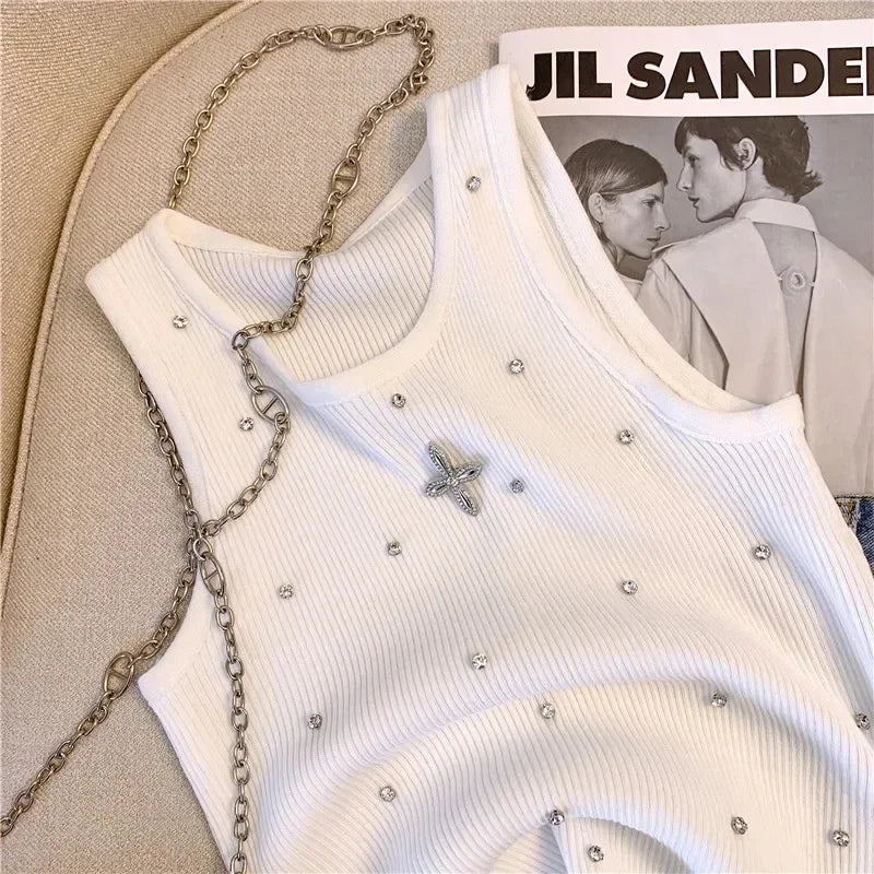 Embroidered Flare Chic Diamonds O-Neck Tank Top