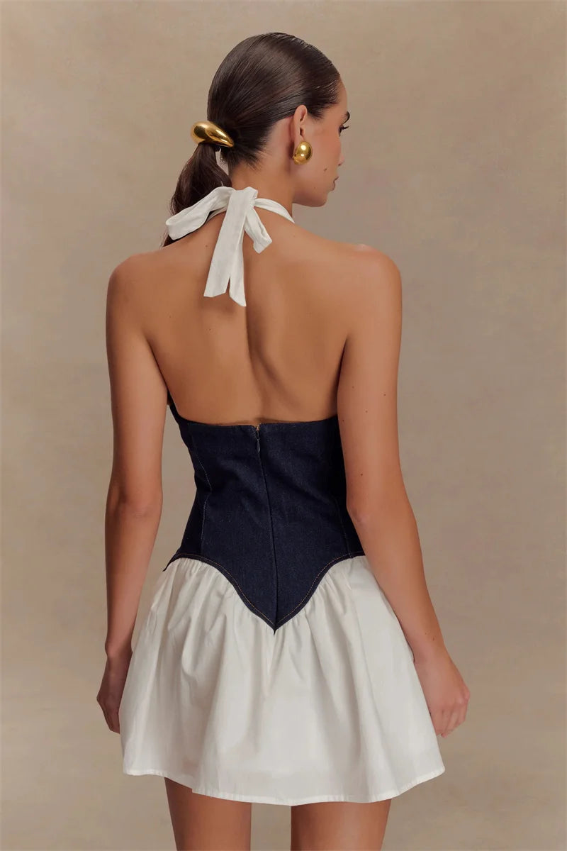 Patchwork Halter Denim Backless Sexy Mini Dress