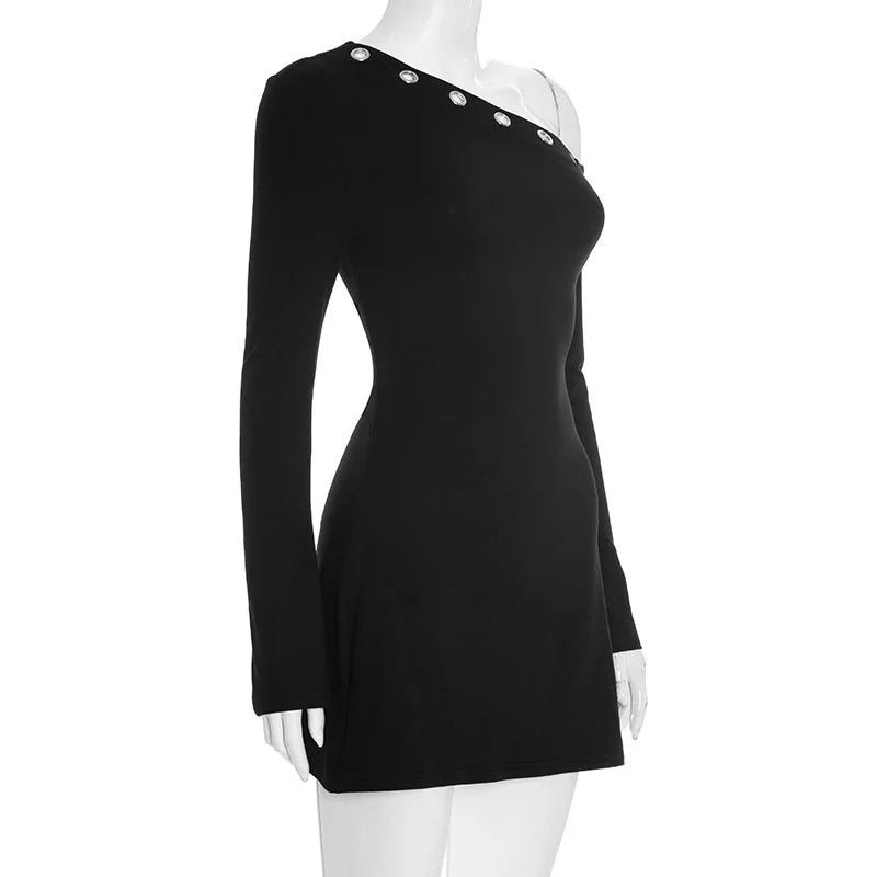 Inclined Shoulder Long Sleeve Sexy Mini Dress