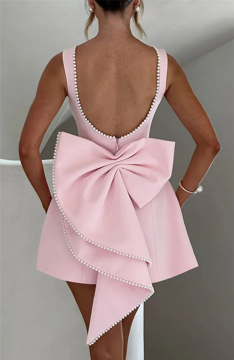 Pearl Bow Backless Sexy Mini Dress