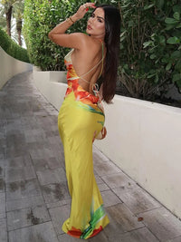 Floral Print Backless Lace-Up Ruched Swing Collar Maxi Dress