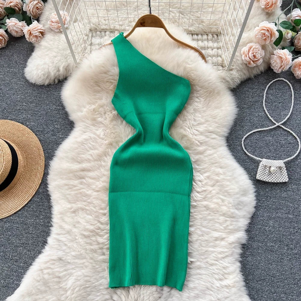 One Shoulder Solid Chic Knitted Mini Dress