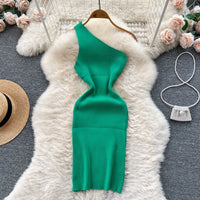 One Shoulder Solid Chic Knitted Mini Dress