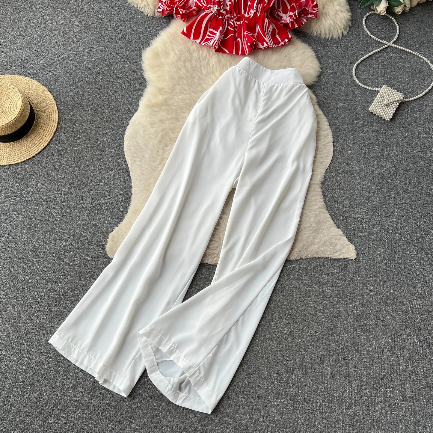 Ruffles Floral Print Elastic Waist Wide Leg Long Pants+Top Set