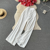 Ruffles Floral Print Elastic Waist Wide Leg Long Pants+Top Set