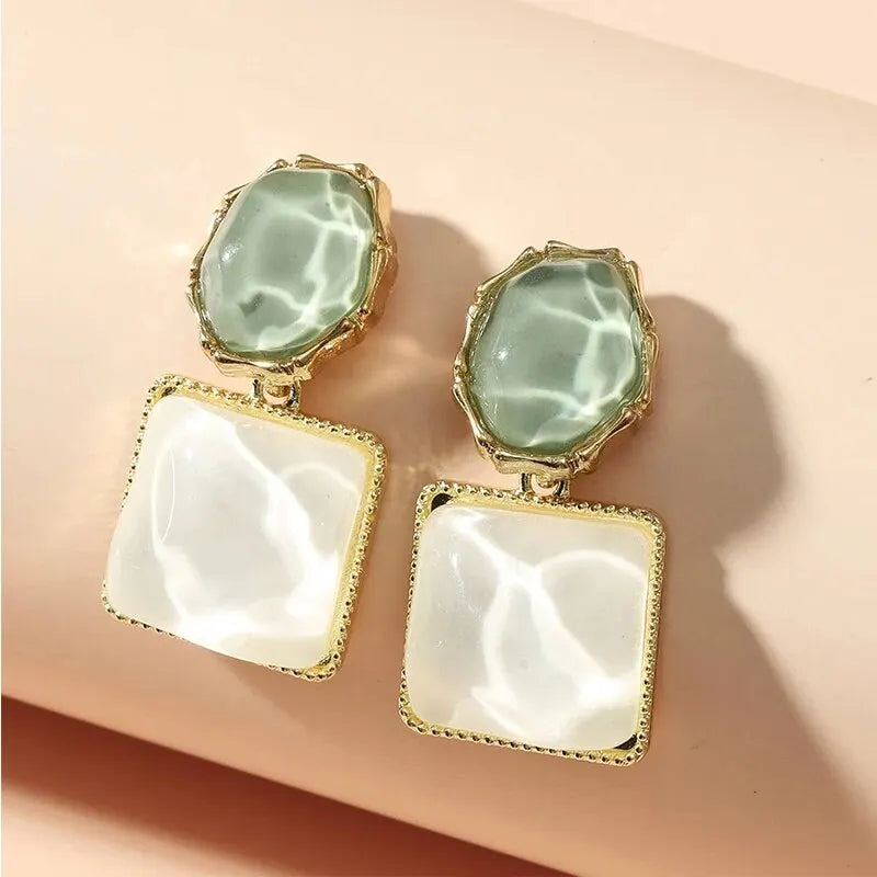 Round Square Crystal Stone Drop Earrings