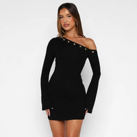 Inclined Shoulder Long Sleeve Sexy Mini Dress