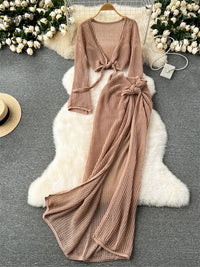 Long Sleeve V Neck Short Top+Adjustable Waist Split Long Skirt Set